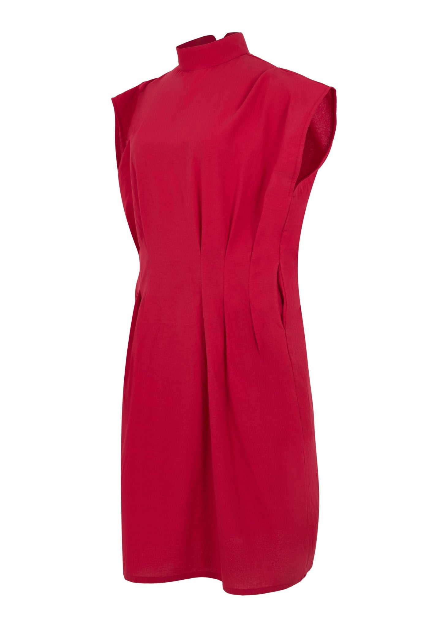 Vestido WOW · Midi Estructural con Pinzas rojo de silueta arquitectónica confeccionado en algodón estructurado, con cuello alto y pinzas escultóricas, una prenda de moda contemporánea diseñada en México por NIPA Estudio.