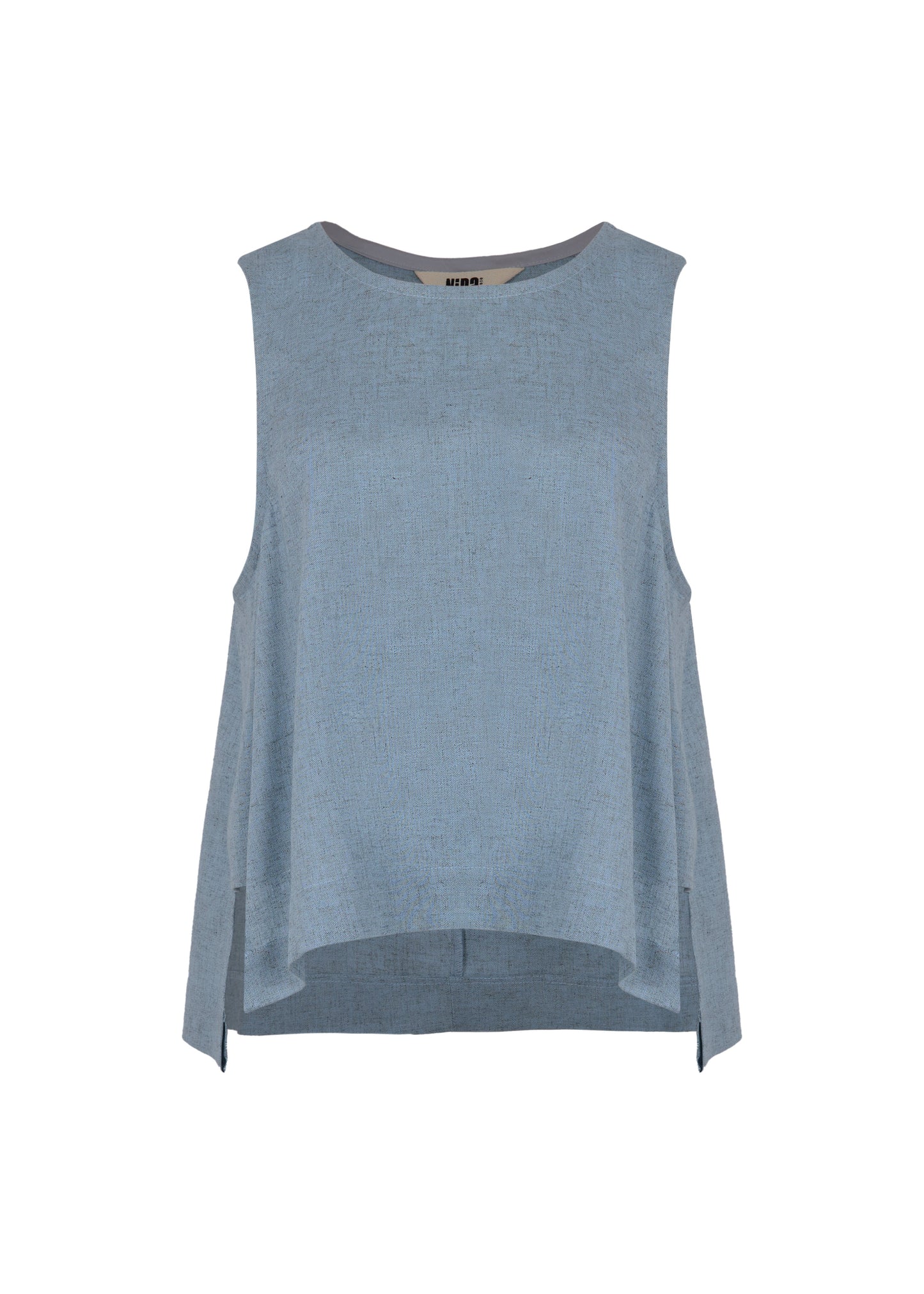 Blusa de lino azul celeste sin mangas con cuello redondo