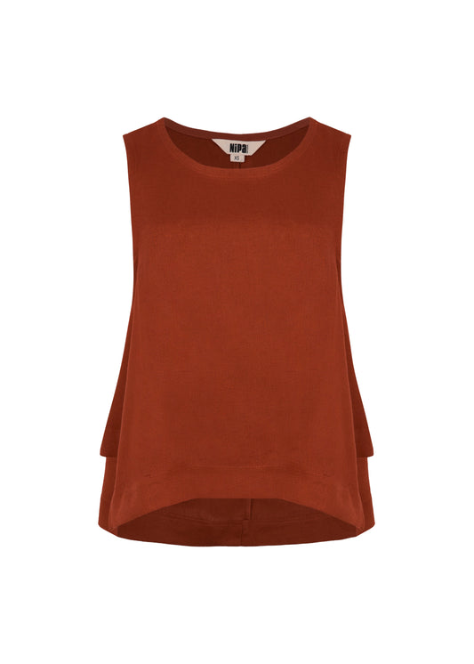 Blusa de lino terracota sin mangas con cuello redondo